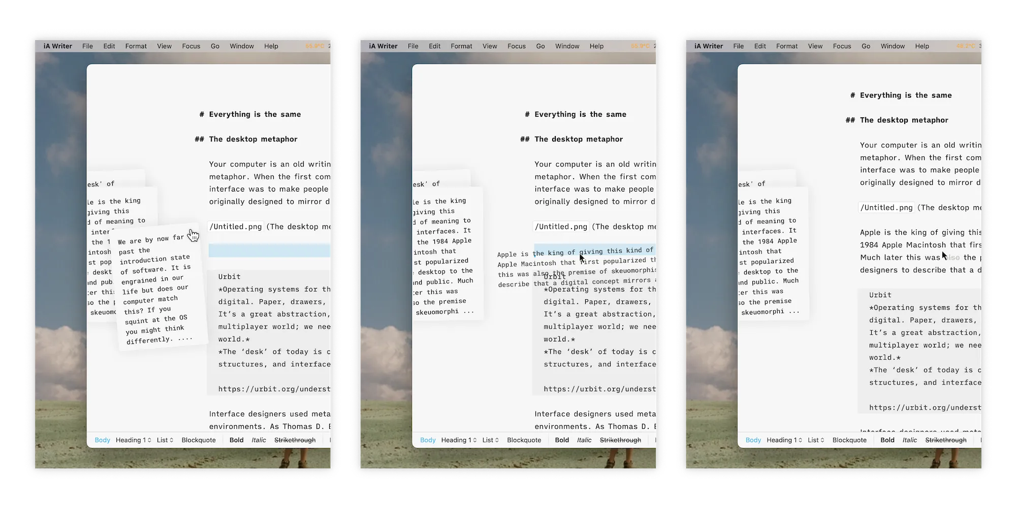 Stacked cards in iA Writer concept